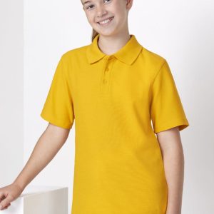 A yellow short sleeve polo shirt for kids, featuring a collar and three buttons, with a logo on the chest.