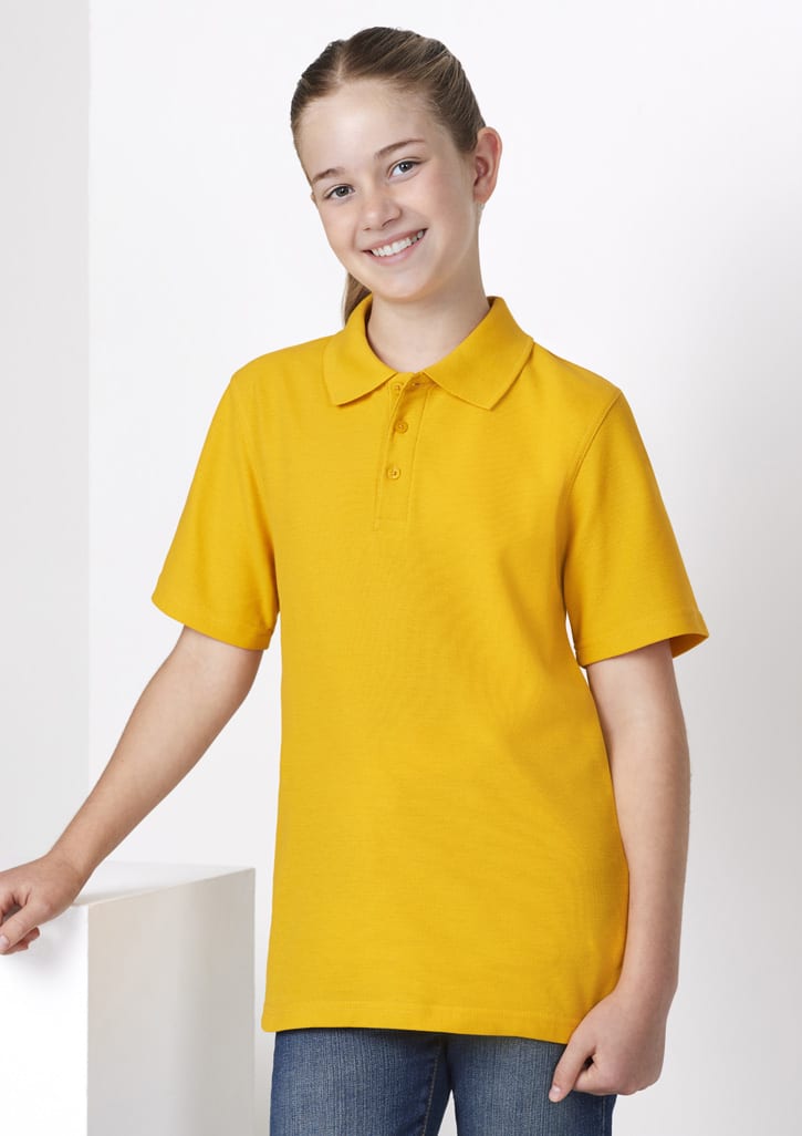 A yellow short sleeve polo shirt for kids, featuring a collar and three buttons, with a logo on the chest.