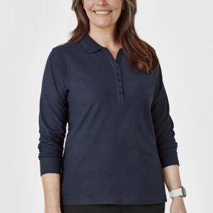 A navy long sleeve polo shirt featuring a collared neckline and button placket, worn by a smiling woman.