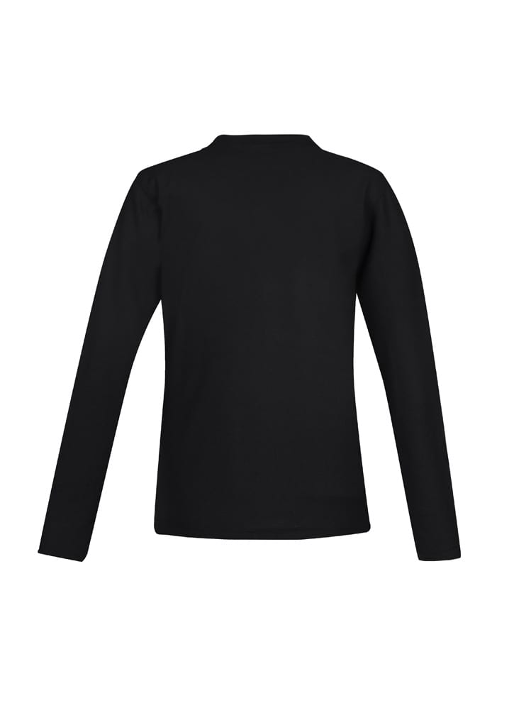 A black long sleeve polo shirt featuring a back view and a logo.