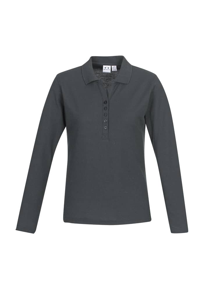 A long sleeve polo shirt in dark grey with a buttoned placket and a logo on the chest.