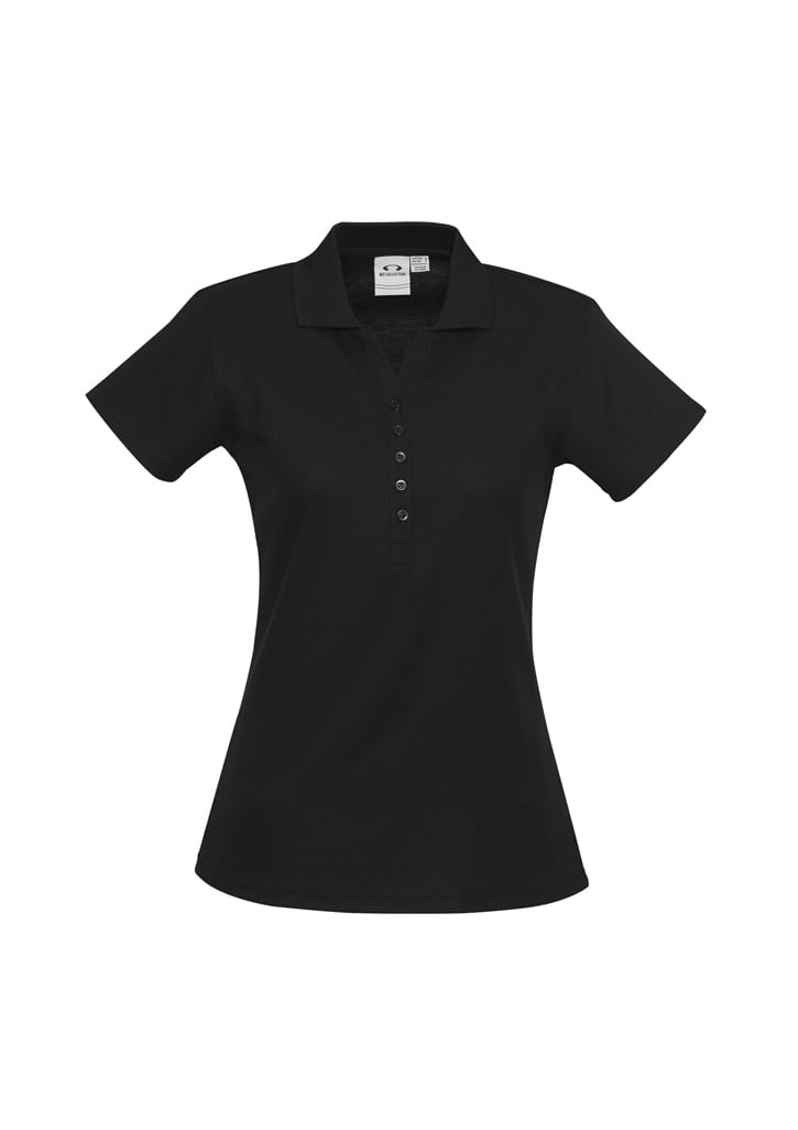 A blue ladies polo shirt with a collar and short sleeves, featuring a buttoned placket and a logo.