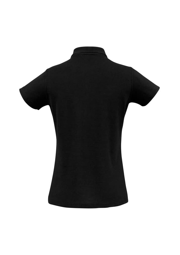 A blue polo shirt featuring a collar and short sleeves, with a branding logo on the back.