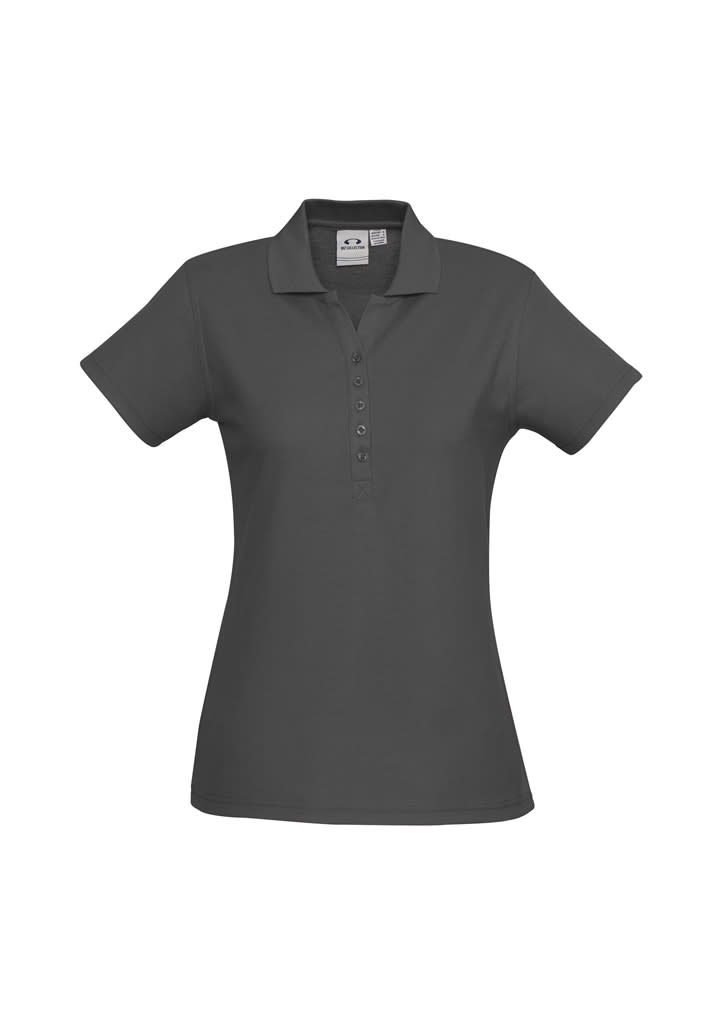 A black ladies' polo shirt with a buttoned placket and short sleeves. It features a logo.