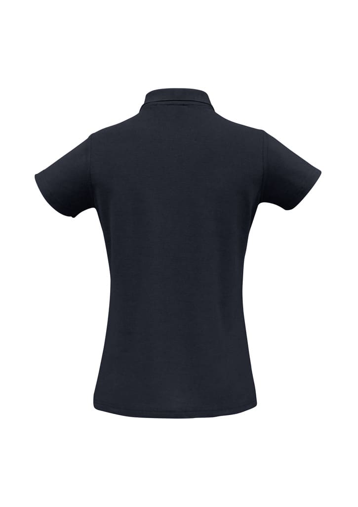 A blue ladies' polo shirt featuring a classic collar and short sleeves, including a logo.