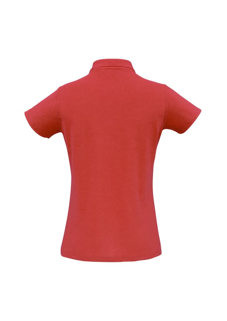 A purple women's polo shirt featuring a collar and short sleeves, with a logo on the back.