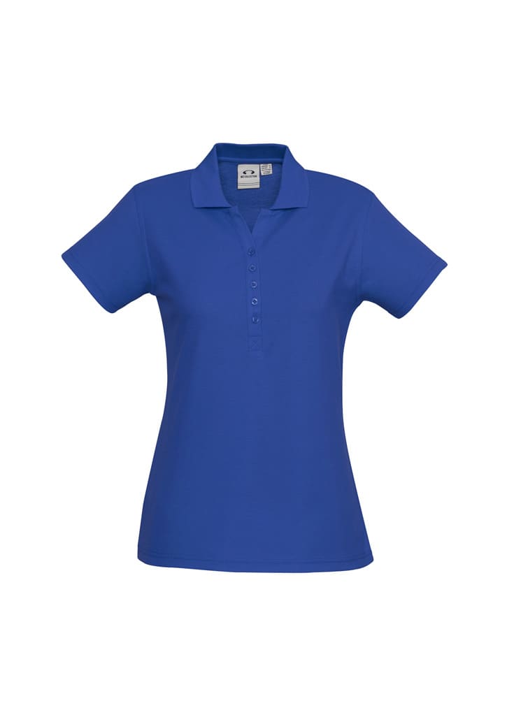 A red polo shirt featuring a collar, short sleeves, and a button placket. It has a logo on the inner tag.