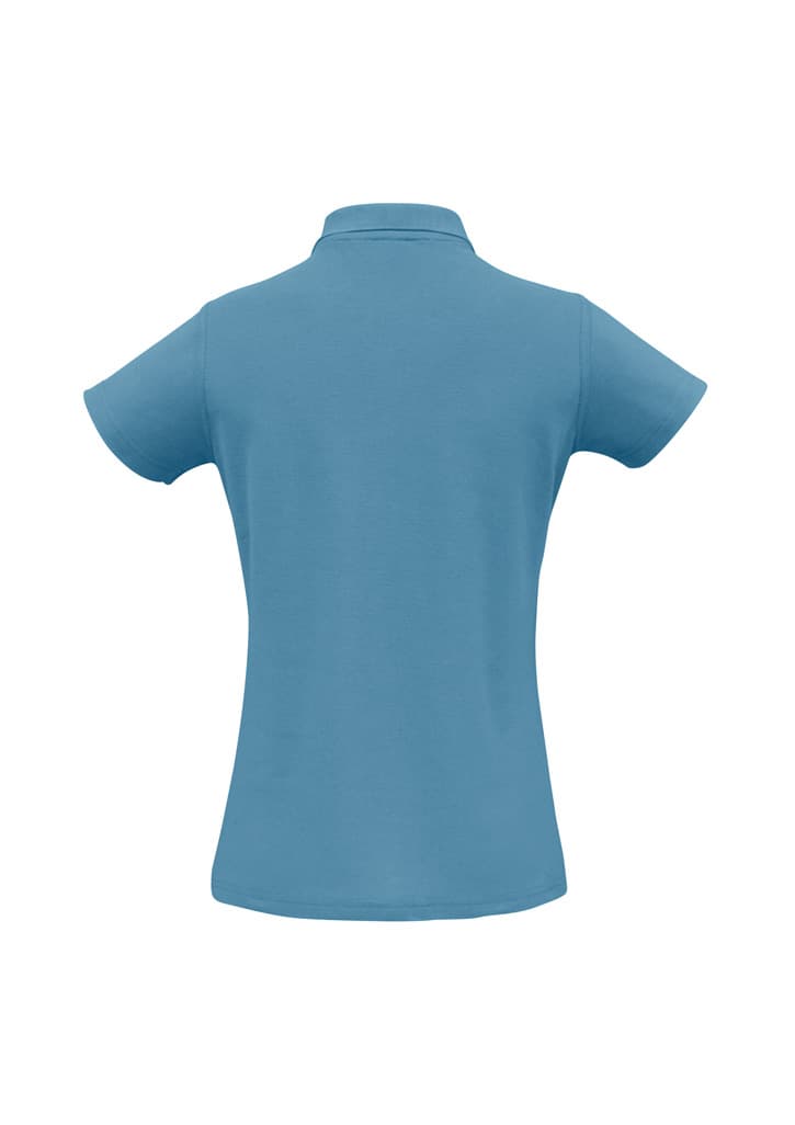 A grey ladies' polo shirt with short sleeves and a collar, featuring a logo. Back view is shown.