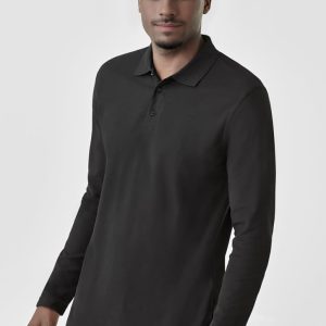 A long sleeve men's polo shirt in black, featuring a collar and a logo on the chest.