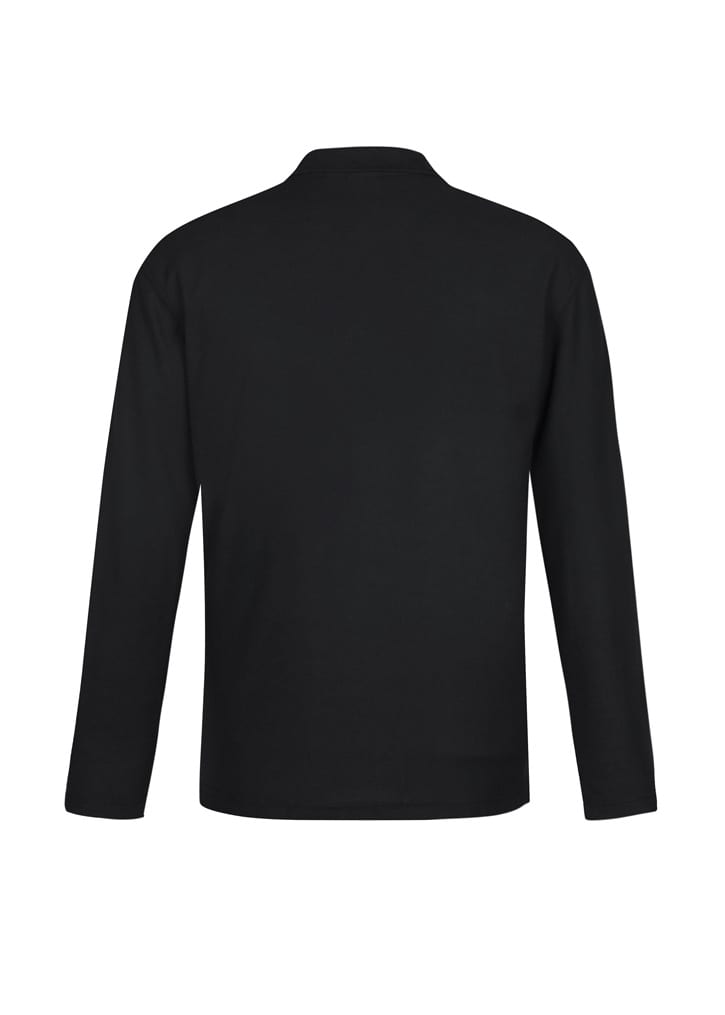 A black long sleeve polo shirt with a collar, featuring a logo on the back.