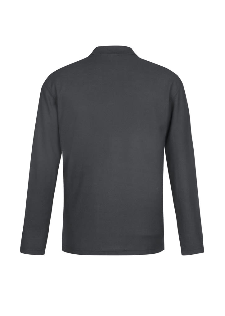 A black long sleeve polo shirt featuring a simple design and a branding logo on the back.