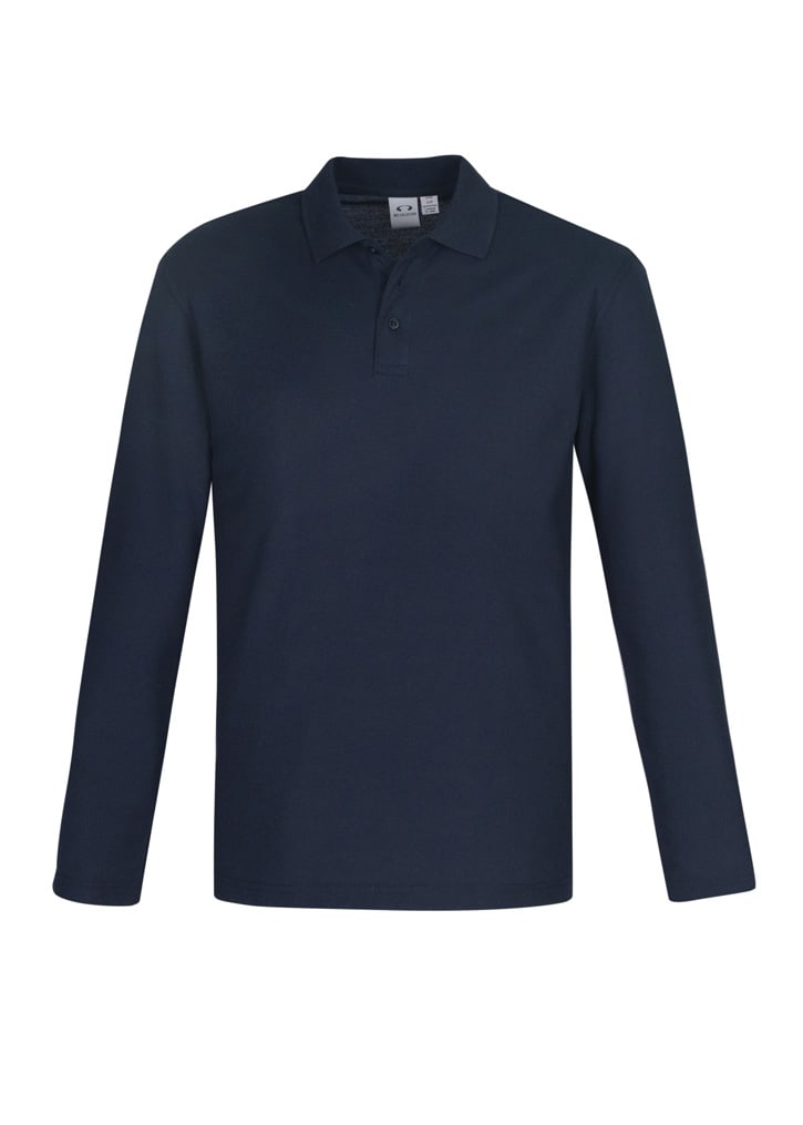 A long sleeve polo shirt in navy blue with a collar and a logo.