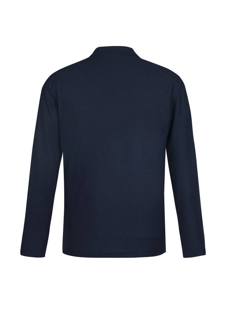 A navy long sleeve polo shirt with a simple design and a logo on the chest area.