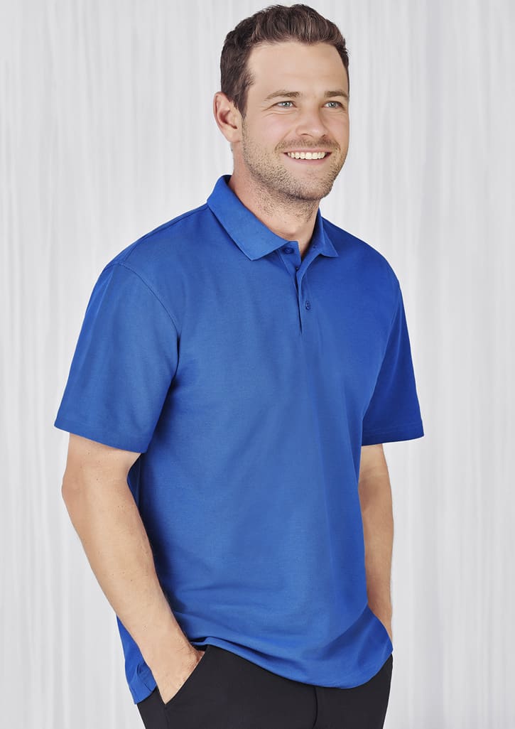 A blue men's polo shirt with a collar and short sleeves, featuring a logo on the chest.