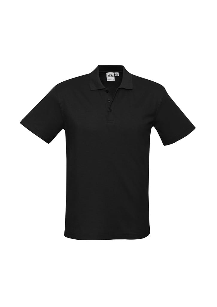 A black polo shirt featuring a collar and short sleeves. The shirt has a logo on it.