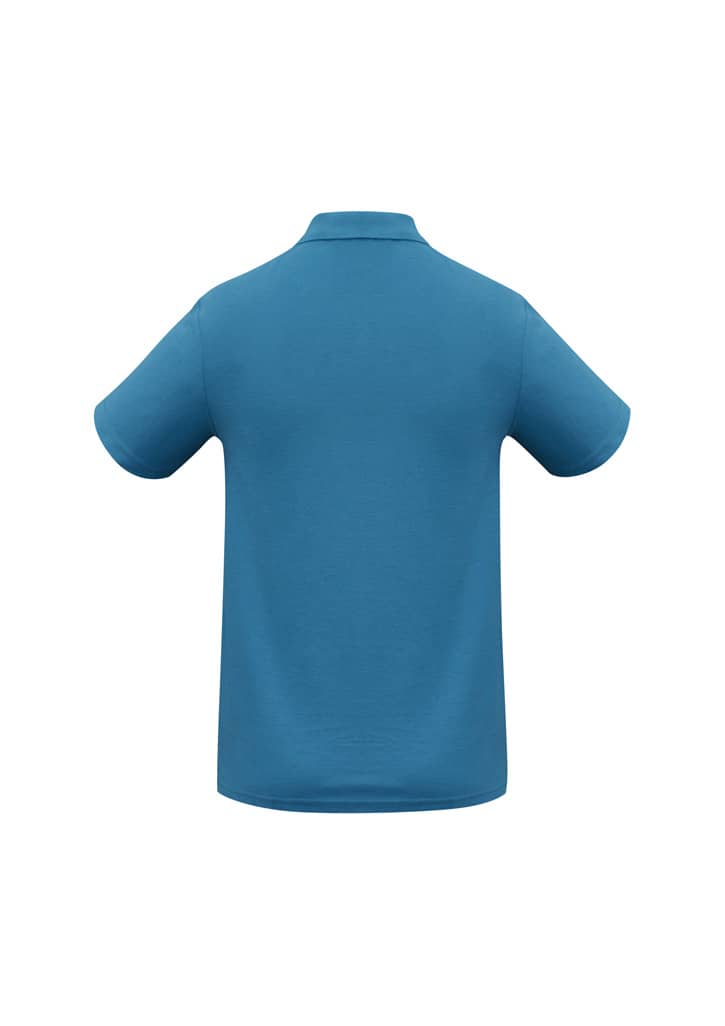 A blue Crew Men's Polo shirt with a simple design and a logo on the back.