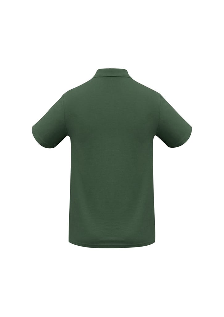 A green polo shirt with a collar and short sleeves, featuring a branding logo on the back.