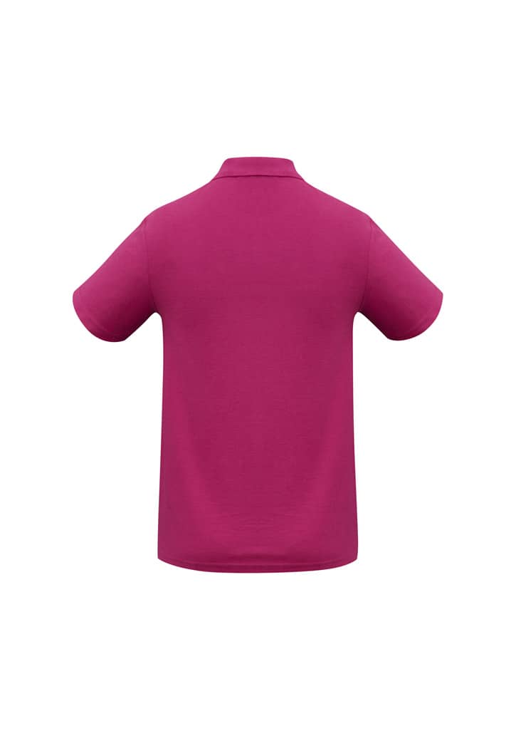 A magenta Crew Mens Polo shirt featuring a collar and short sleeves, with a branding logo.