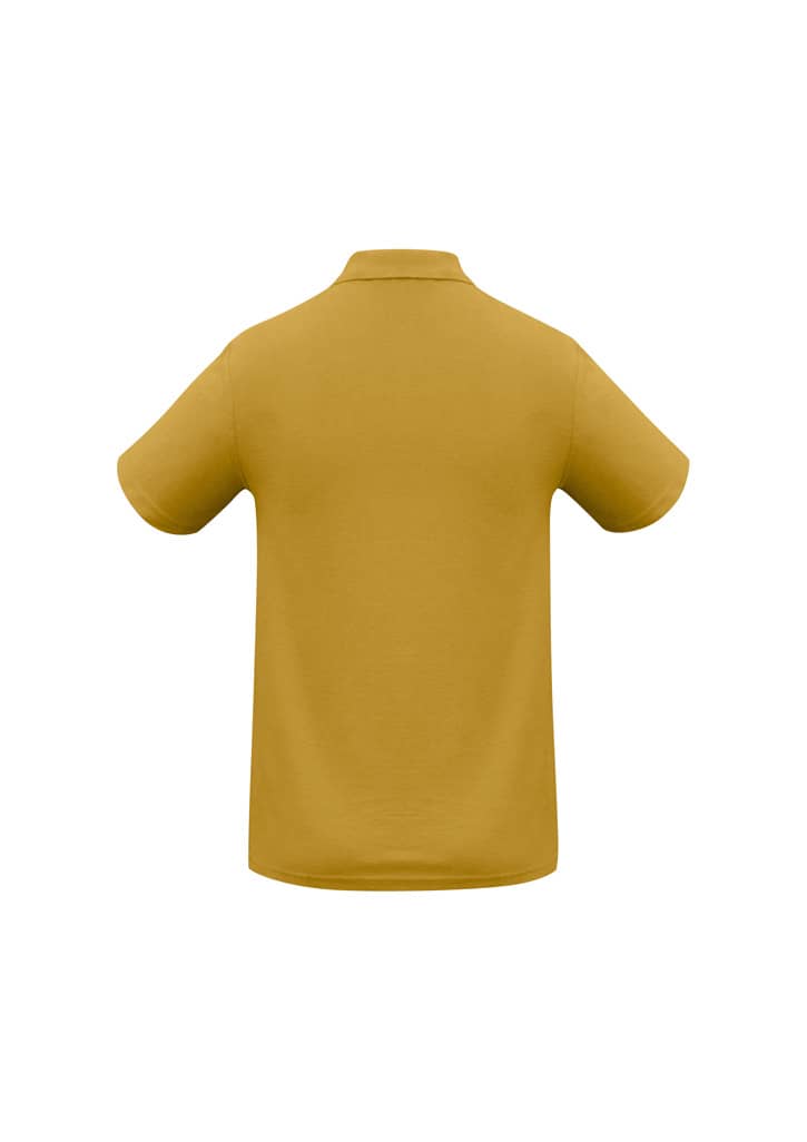 A yellow men's polo shirt featuring a simple design and a logo on the back.