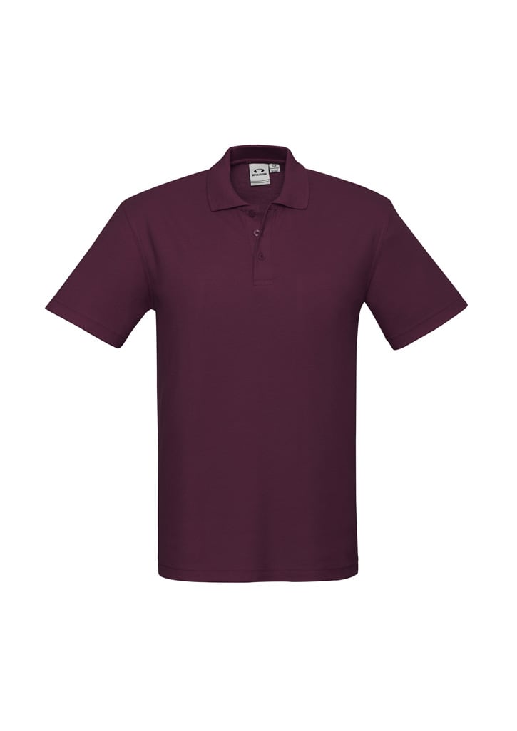 A maroon polo shirt featuring a classic collar and a logo on the label.