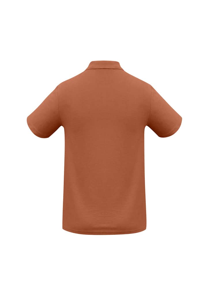 A men's polo shirt in a warm terracotta colour, featuring short sleeves and a collar. Includes a logo.
