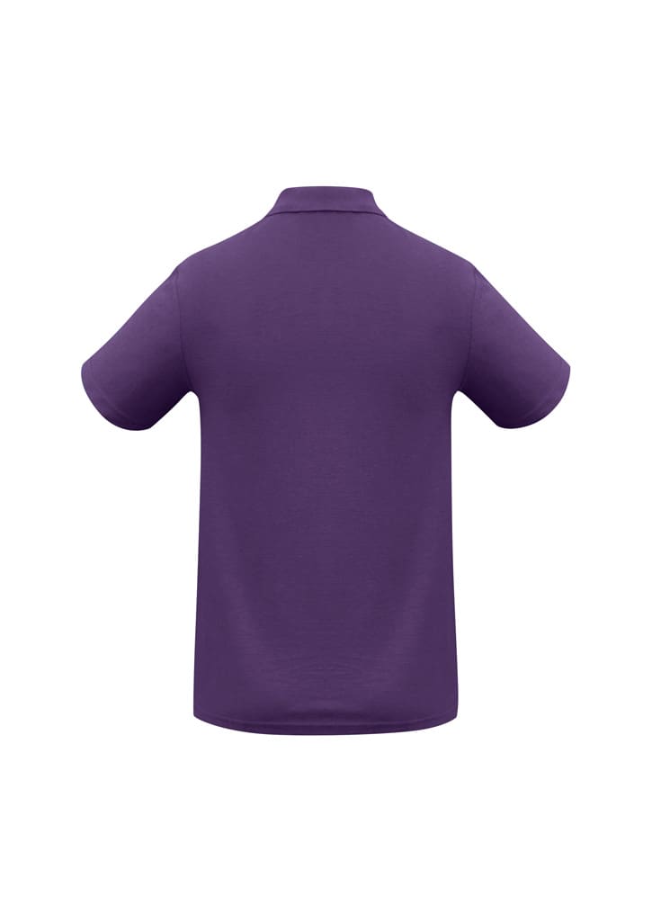 A purple crew men's polo shirt featuring a classic collar and short sleeves, with a logo on the chest.