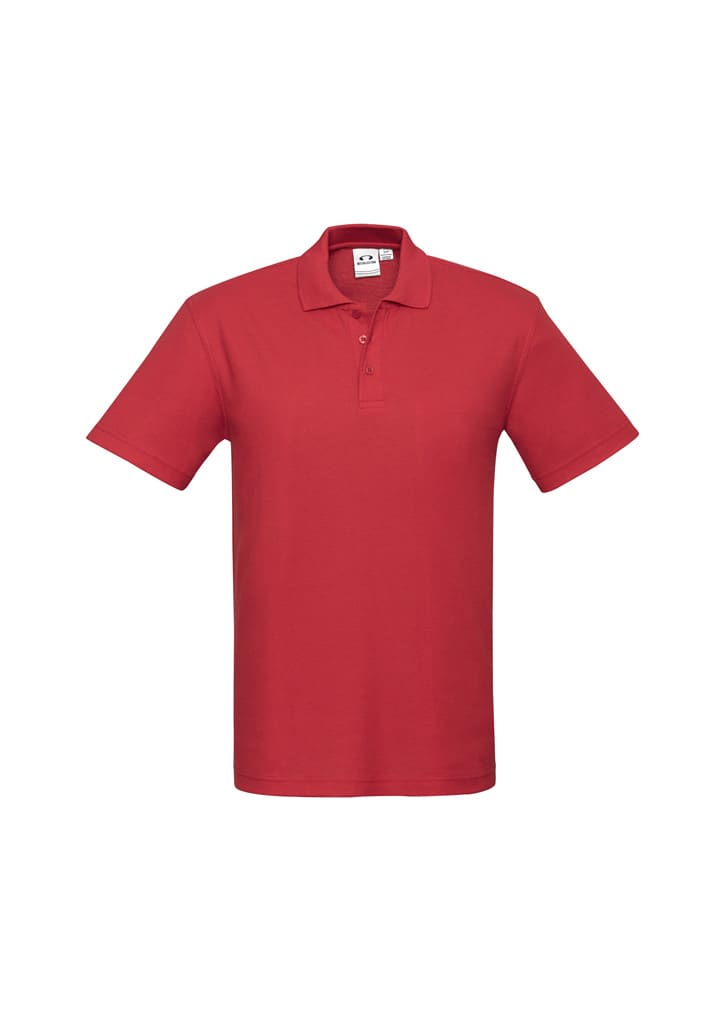 A red men's polo shirt with a classic collar and a logo on the chest area.