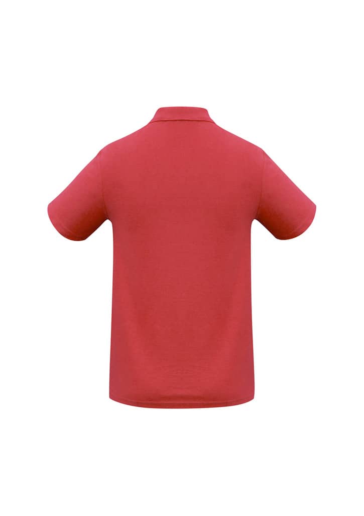 A red polo shirt featuring a collar and short sleeves, with a logo on the left side.