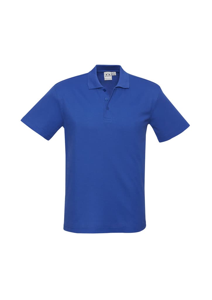 A blue polo shirt featuring a collar and short sleeves, with a logo on the chest area.