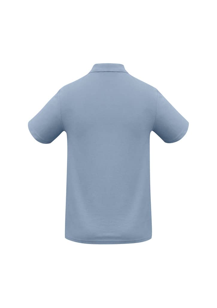 A light blue polo shirt featuring short sleeves and a collar. The back view shows the shirt's smooth fabric and plain design.
