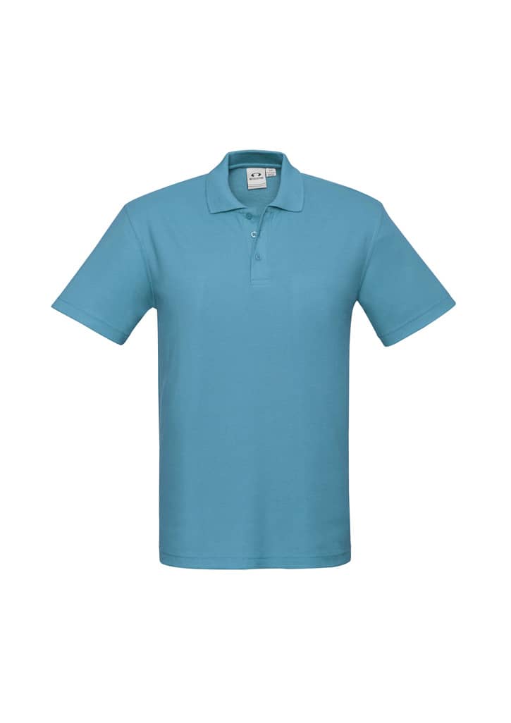 A teal polo shirt with a collar and short sleeves. It features a logo on the chest.
