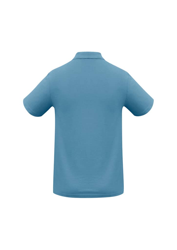 A blue men's polo shirt with a collar and short sleeves, featuring a logo.