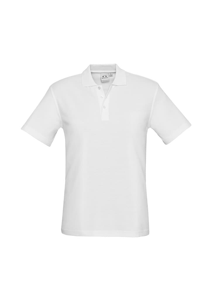 A white polo shirt with a collar and short sleeves, featuring a logo on the chest.