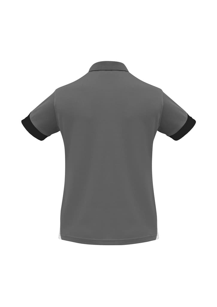 A short sleeve polo shirt in grey with black accents and a logo.