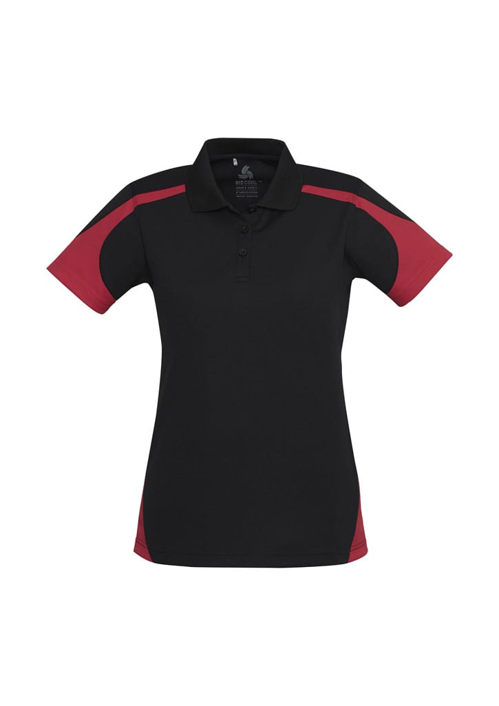 A black short sleeve polo shirt with red accents and a logo on the chest.