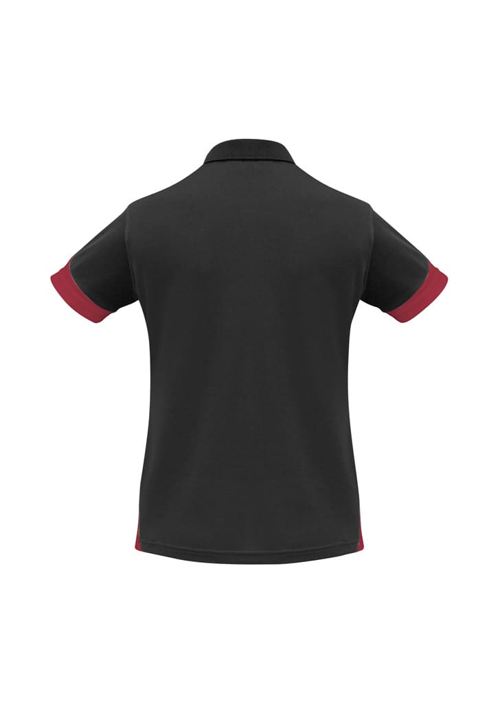 A black women's polo shirt with red accents on the sleeves, featuring a collar and a logo.