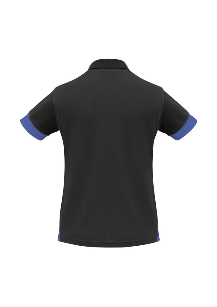 A black women's polo shirt with blue collar and sleeve accents, featuring a logo on the back.