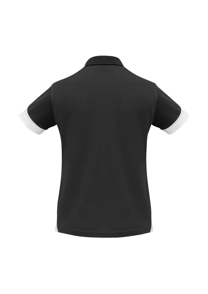 A black women's polo shirt with white accents on the sleeves and a small branding logo.