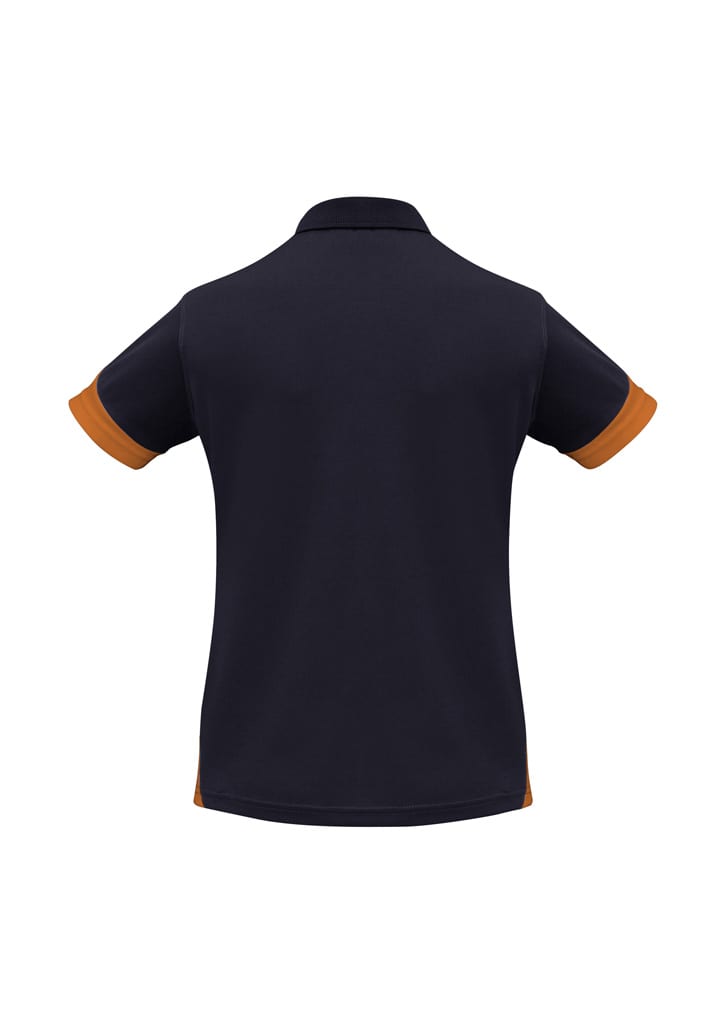 A women's short sleeve polo in navy with orange accents. The back features a collar and a logo.