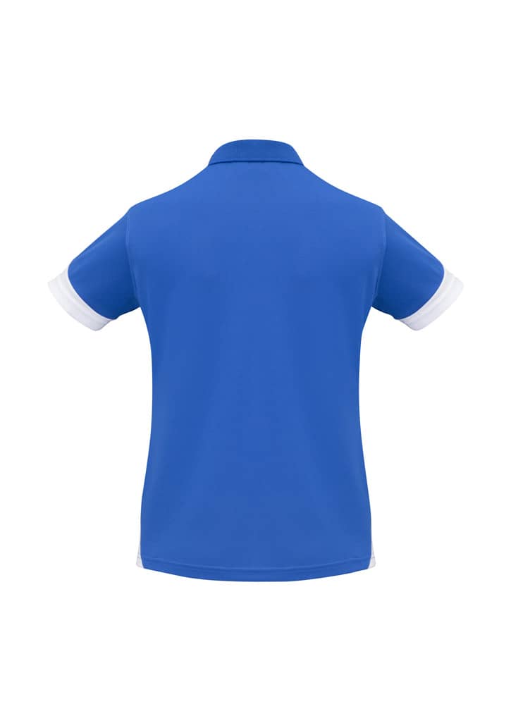 A blue women's short sleeve polo shirt with white collar and sleeve accents, featuring a logo on the front.