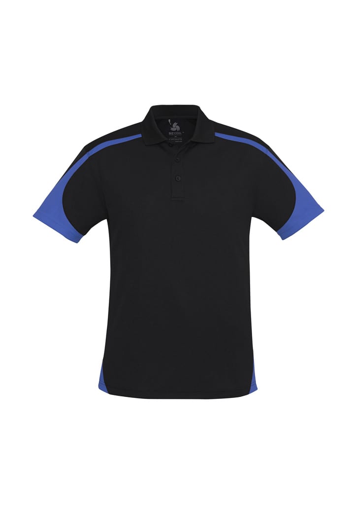 A black polo shirt with blue accents and a logo on the chest. Short sleeves and a classic collar design.