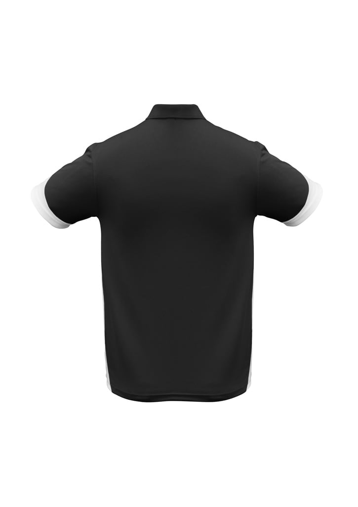 A black men's polo shirt with white accents on the sleeves and collar, featuring a logo.