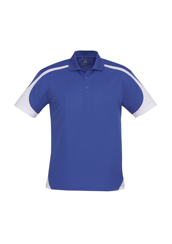 A blue short sleeve polo shirt with white accents and a logo on the chest.