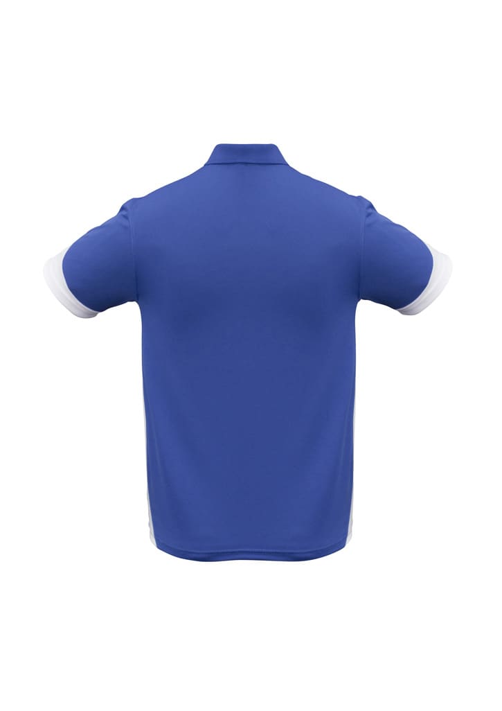 A blue men's polo shirt with white collar and sleeve trims, featuring a logo. The back view is displayed.