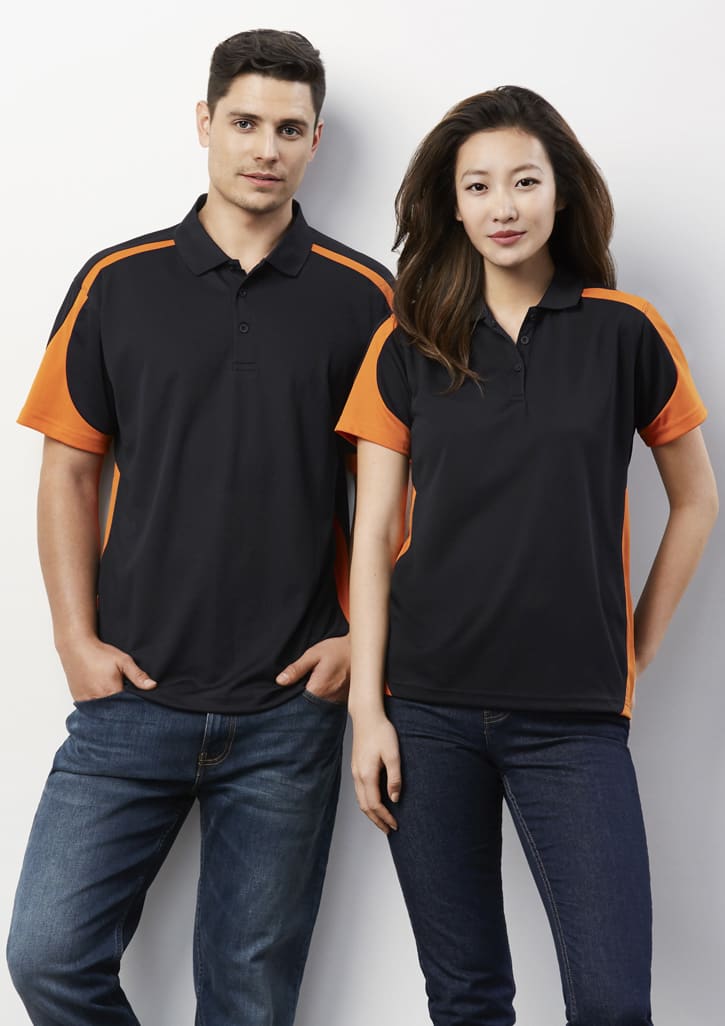 A black polo shirt with orange accents, featuring a logo, displayed on both a male and female model.