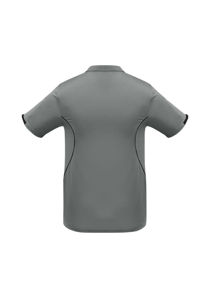 A grey short sleeve polo shirt featuring a sleek design and contrasting black accents. It has a logo on the back.