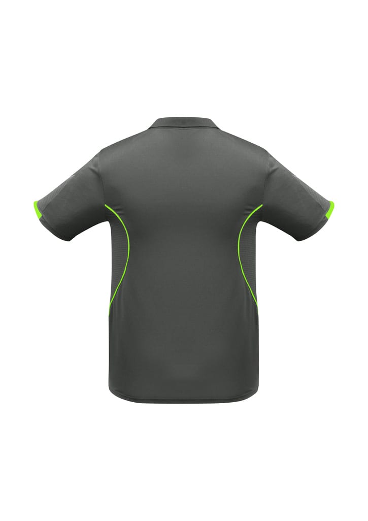A grey short sleeve polo shirt featuring green detailing and a logo on the back.