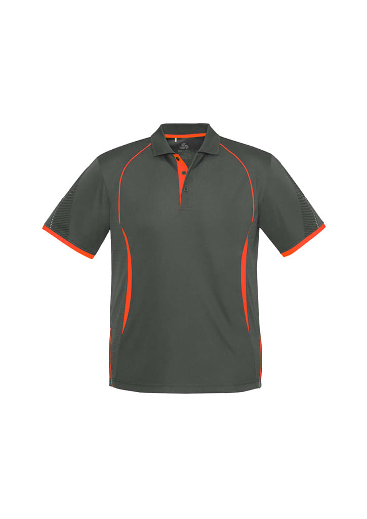 A grey polo shirt with orange accents, featuring short sleeves and a collar, and includes a logo.