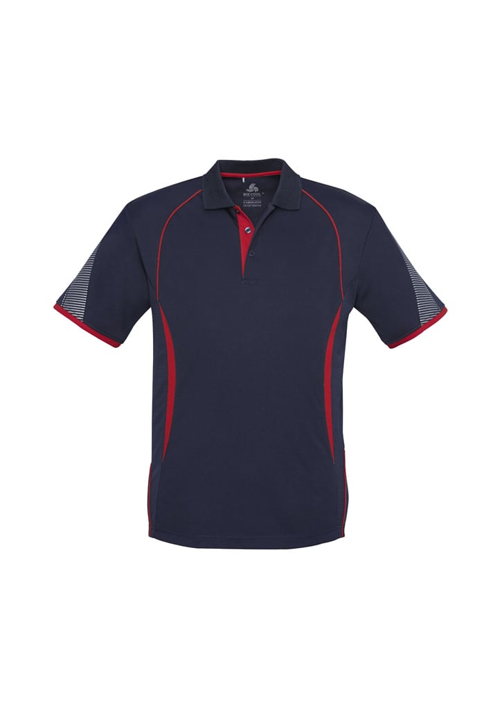 A navy blue polo shirt with red detailing and striped sleeves. It features a collar and a logo branding.