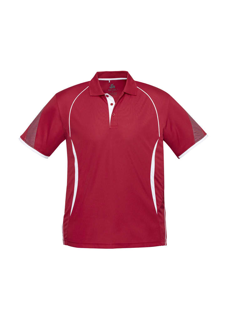 A red short sleeve polo shirt featuring white accents and a logo. Suitable for kids.